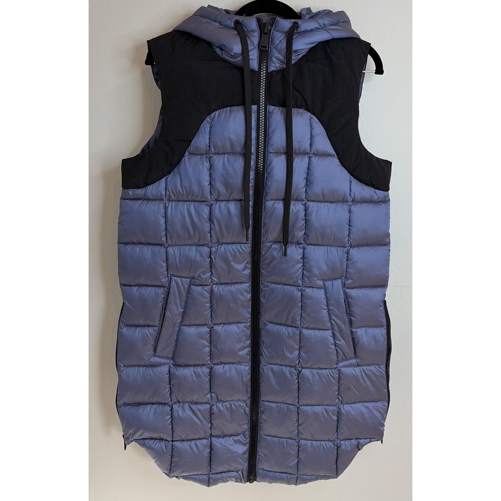 Bernardo Vest Eco Plume‎ Quilted Hooded Long Puffer Side Zip Women's Small Blue